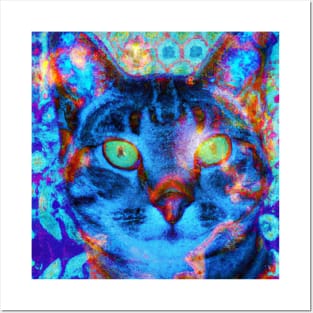 Blue Kitty Cat Batik Pattern Posters and Art